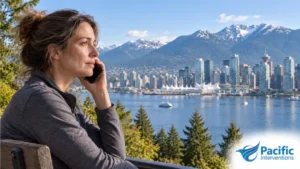 Woman calling for treatment support after alcohol withdrawal in Vancouver.
