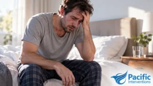 Man sitting on the edge of a bed while experiencing alcohol withdrawal symptoms.