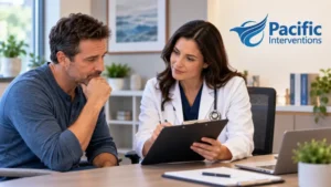 Doctor reviewing an alcohol withdrawal treatment plan with a concerned patient in a private consultation office.