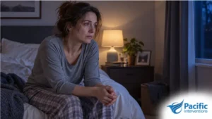 Woman experiencing fatigue and discomfort from alcohol withdrawal symptoms while sitting on the edge of her bed.