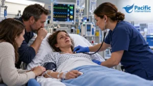 Woman in a hospital bed being monitored by medical staff while concerned family members stay at her bedside during an alcohol withdrawal emergency.