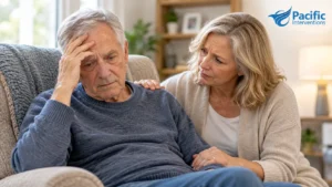 Older man looking unwell while a concerned loved one comforts him during severe alcohol withdrawal risk.