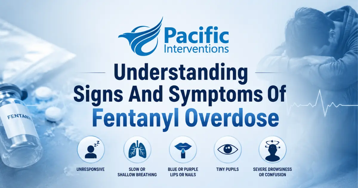 Educational graphic showing common signs and symptoms of a fentanyl overdose and overdose awareness information.