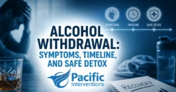 Alcohol withdrawal recovery and detox infographic with timeline and support imagery.