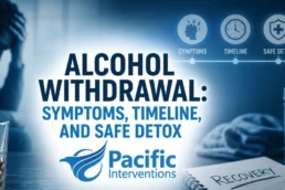 Alcohol withdrawal recovery and detox infographic with timeline and support imagery.