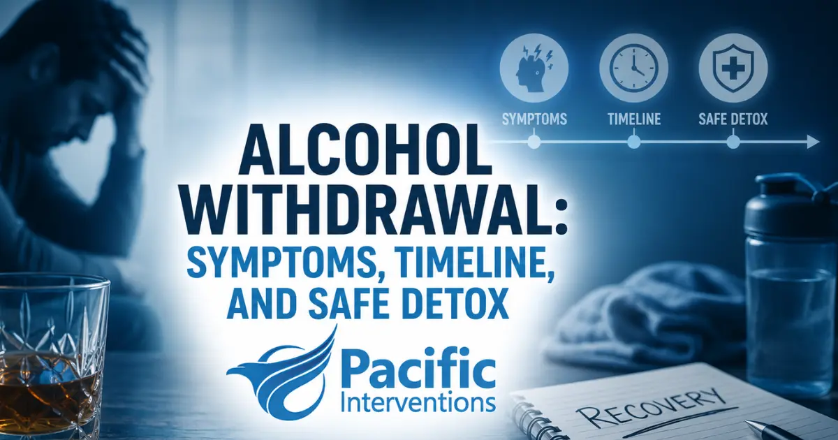 Alcohol withdrawal recovery and detox infographic with timeline and support imagery.