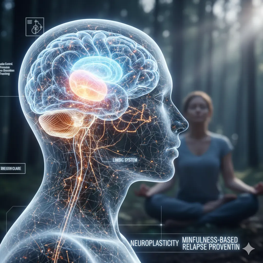 AI, A medical illustration of the brain showing neuroplasticity and the effects of mindfulness-based relapse prevention on impulse control