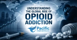 Understanding the Global Rise of Opioid Addiction infographic with world map, opioid pills, syringe, and Pacific Interventions logo.