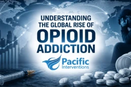 Understanding the Global Rise of Opioid Addiction infographic with world map, opioid pills, syringe, and Pacific Interventions logo.