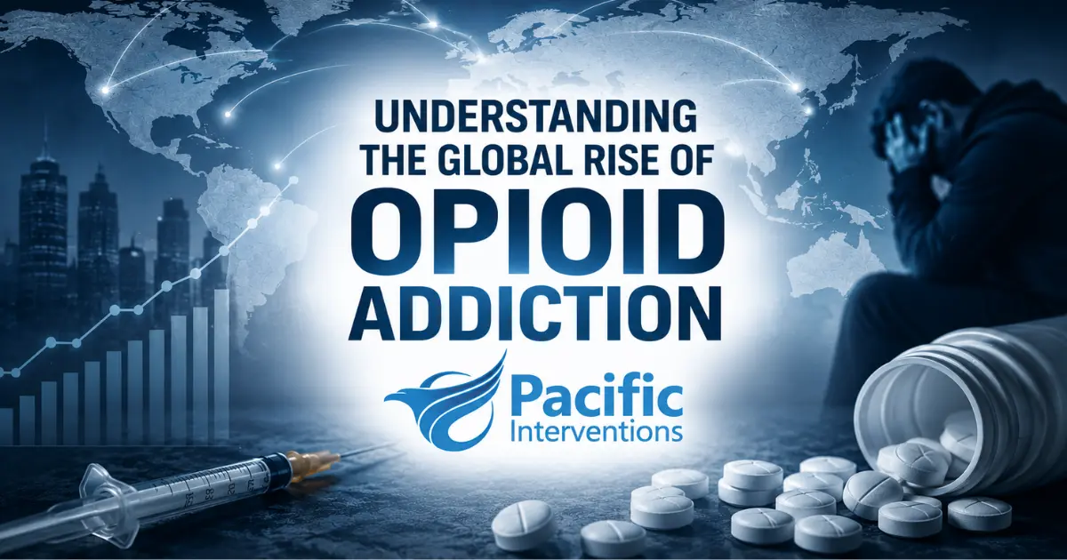 Understanding the Global Rise of Opioid Addiction infographic with world map, opioid pills, syringe, and Pacific Interventions logo.