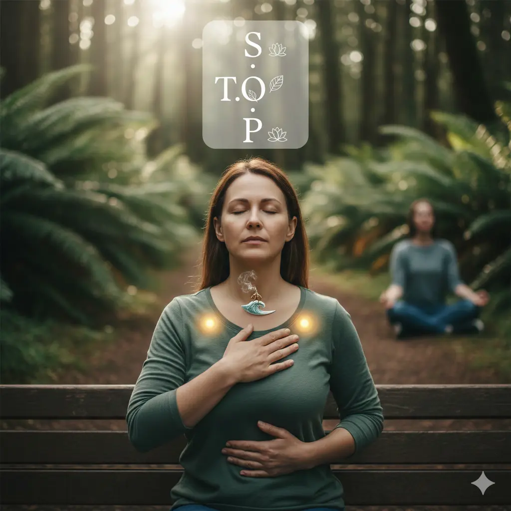 AI picture of The STOP mindfulness technique for managing addiction triggers and relapse prevention.