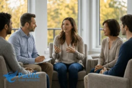 A structured addiction aftercare group session in Canada showing a recovery coach and family members participating in a continuum of care plan