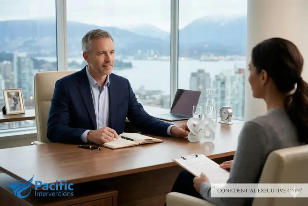 executive sitting with outpatient treatment counselor discussing treatment options