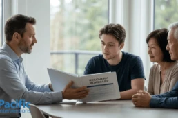 A family and a Canadian interventionist reviewing a structured individualized addiction interventions roadmap for recovery and medical safety