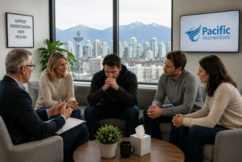 Family gathered for an addiction intervention meeting in Vancouver office.
