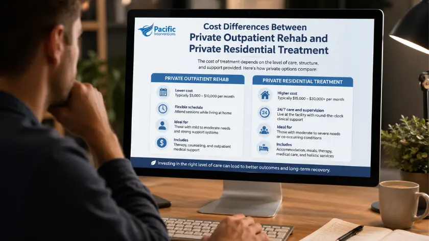 Person comparing private outpatient rehab and residential treatment costs on a desktop computer with the Pacific Interventions logo displayed on screen.