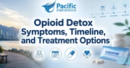 Title on image opioid detox symptoms timeline and treatment options, background showing Vancouver cityscape a suboxone medication.