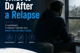 What to do after a relapse, featuring a person reflecting by a window with steps to acknowledge, reflect, and rebuild.