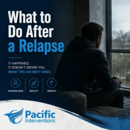 What to do after a relapse, featuring a person reflecting by a window with steps to acknowledge, reflect, and rebuild.