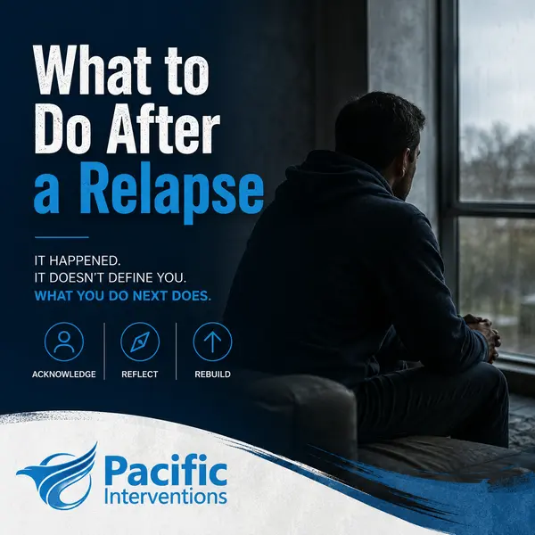 What to do after a relapse, featuring a person reflecting by a window with steps to acknowledge, reflect, and rebuild.