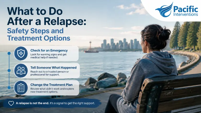 What to do after a relapse, showing a person overlooking the Pacific Ocean with steps to check for an emergency, tell someone what happened, and change the treatment plan.
