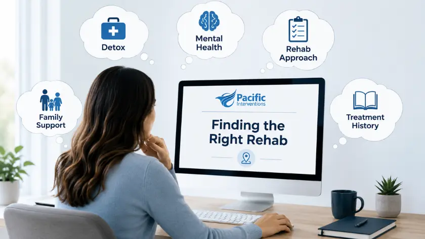 Infographic illustrating the wrong rehab centre decision guide, showing factors like detox, mental health, and family support for finding the right treatment.