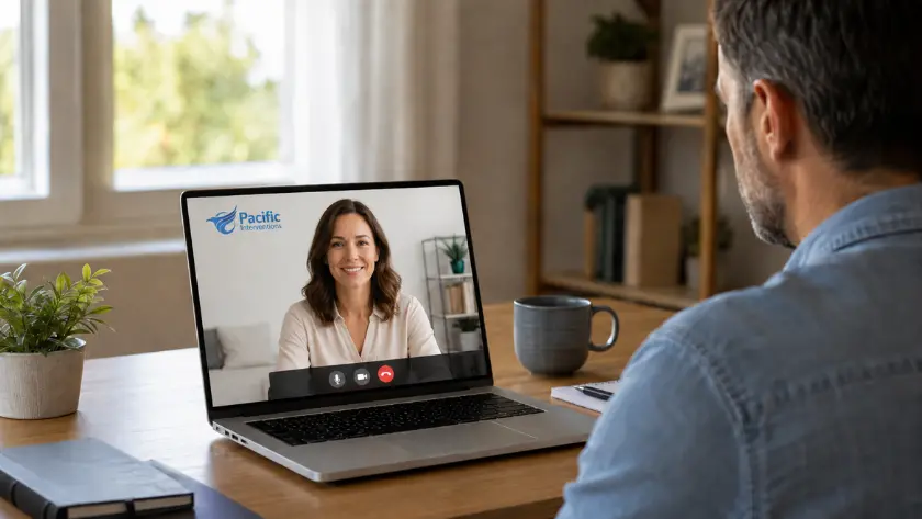 Online addiction counselling session with a Pacific Interventions counsellor by video call on a laptop.
