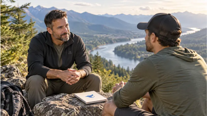 Outpatient alcohol and drug addiction rehab counselling session on a mountain trail overlooking a river, with a counsellor and participant discussing recovery.