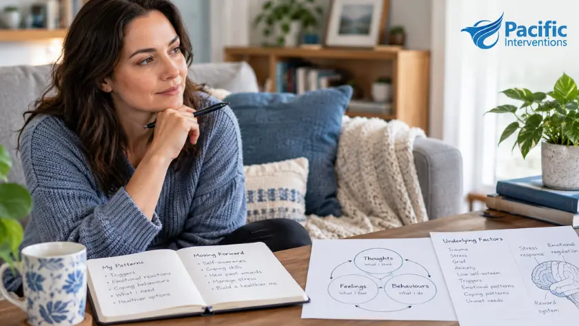 Adult in a home setting reviewing worksheets about trauma, stress, anxiety and triggers during outpatient alcohol and drug addiction rehab treatment in Vancouver.