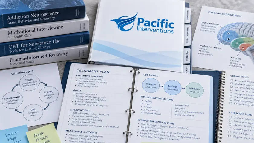 Outpatient alcohol drug addiction rehab center treatment planning materials showing neuroscience, CBT, relapse prevention, coping skills, and individualized recovery planning.