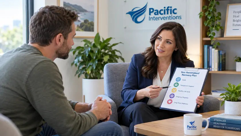 Program participant going over recovery plan at Pacific Interventions outpatient alcohol drug addiction rehab center.